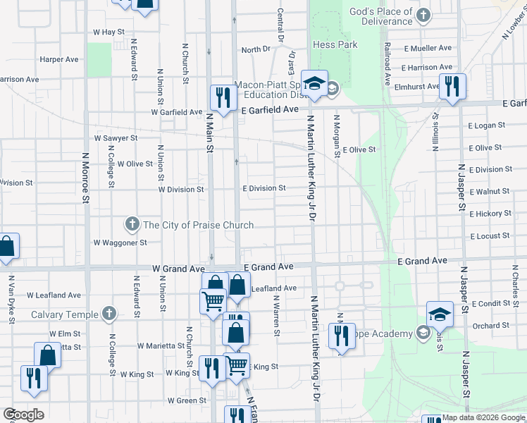map of restaurants, bars, coffee shops, grocery stores, and more near 1575 North Warren Street in Decatur