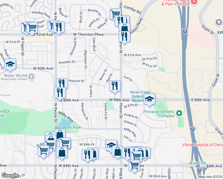 map of restaurants, bars, coffee shops, grocery stores, and more near 8901 Huron Street in Thornton