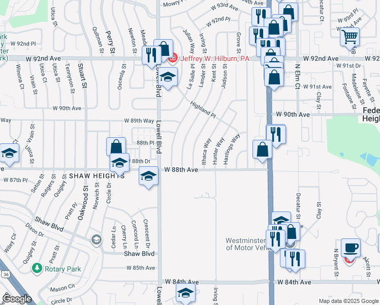 map of restaurants, bars, coffee shops, grocery stores, and more near 8891 Judson Street in Westminster