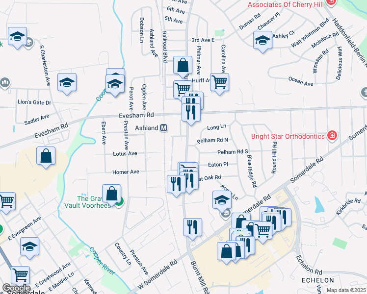 map of restaurants, bars, coffee shops, grocery stores, and more near 102 South Burnt Mill Road in Voorhees Township
