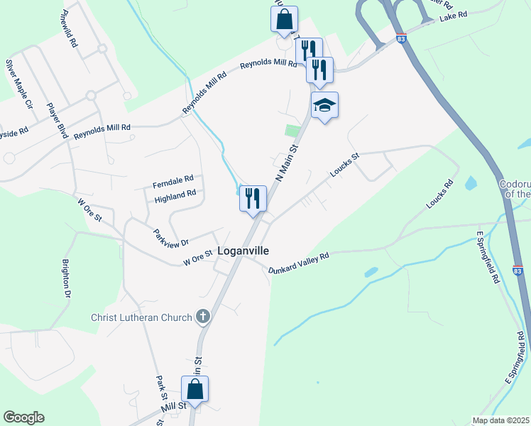 map of restaurants, bars, coffee shops, grocery stores, and more near 36 North Main Street in Seven Valleys