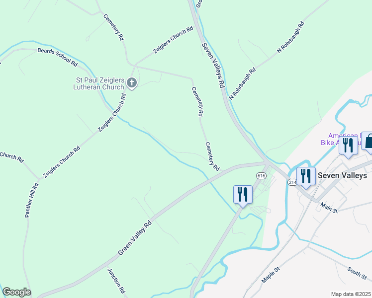 map of restaurants, bars, coffee shops, grocery stores, and more near 2124 Cemetery Road in Seven Valleys