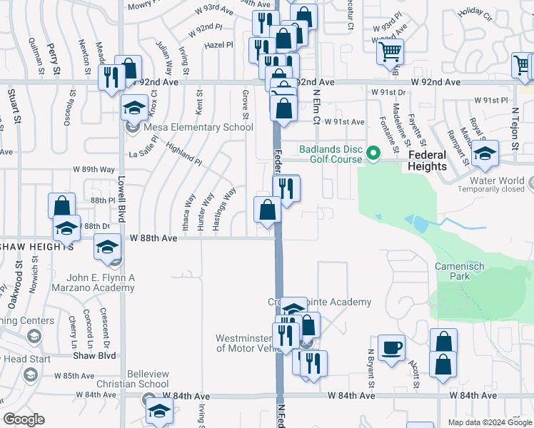 map of restaurants, bars, coffee shops, grocery stores, and more near 8895 Federal Boulevard in Westminster