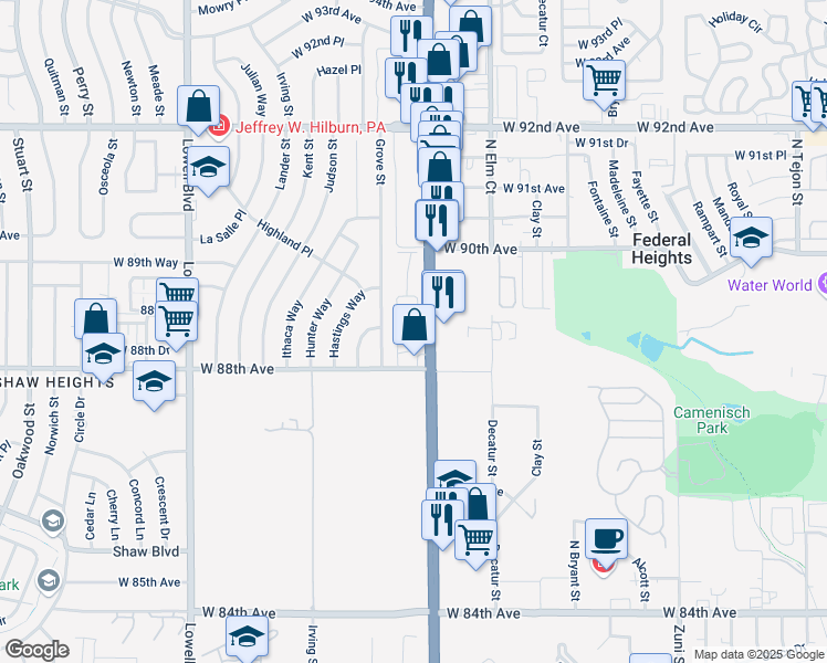 map of restaurants, bars, coffee shops, grocery stores, and more near 8895 Federal Boulevard in Westminster