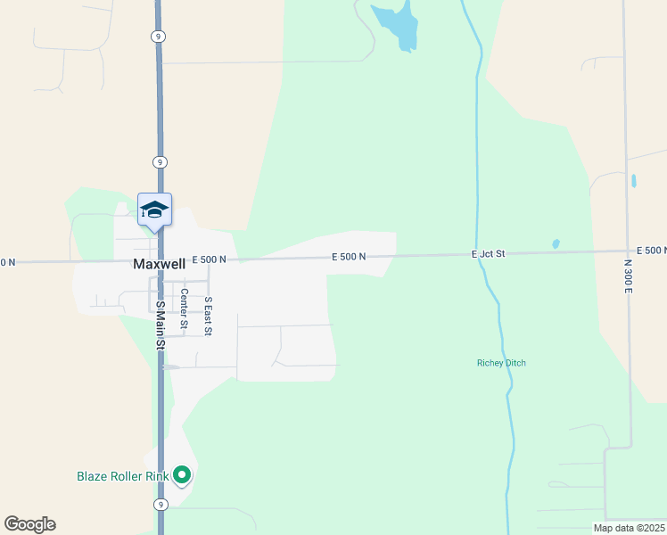 map of restaurants, bars, coffee shops, grocery stores, and more near 2398 East 500 North in Greenfield