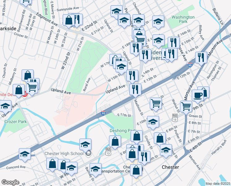 map of restaurants, bars, coffee shops, grocery stores, and more near 1308 Crosby Street in Chester