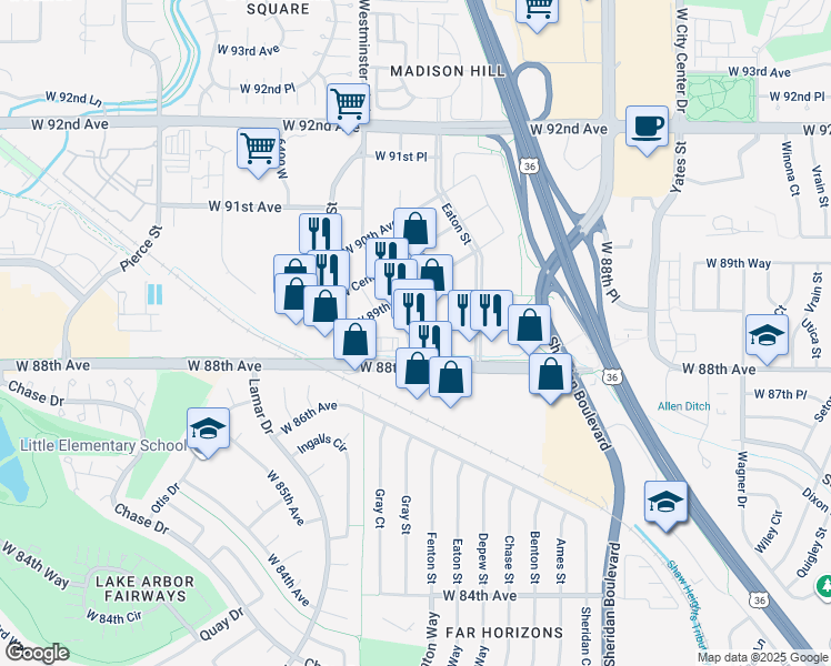 map of restaurants, bars, coffee shops, grocery stores, and more near 5453 West 88th Avenue in Westminster