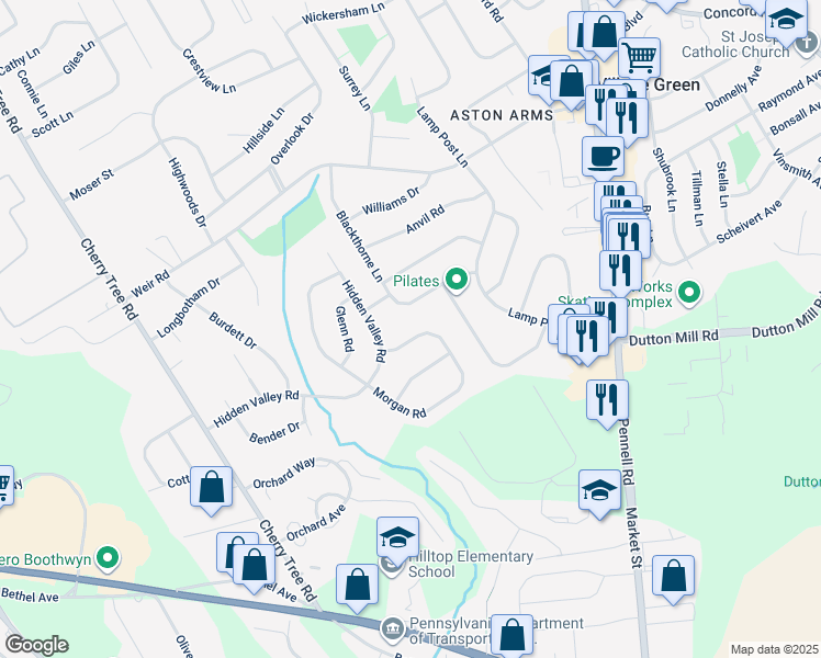 map of restaurants, bars, coffee shops, grocery stores, and more near 11 Morgan Road in Village Green