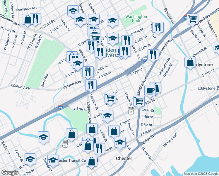 map of restaurants, bars, coffee shops, grocery stores, and more near 1142 Potter Street in Chester