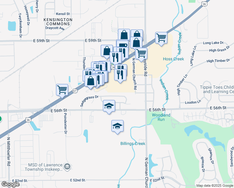 map of restaurants, bars, coffee shops, grocery stores, and more near 10750 Sedgegrass Drive in Indianapolis