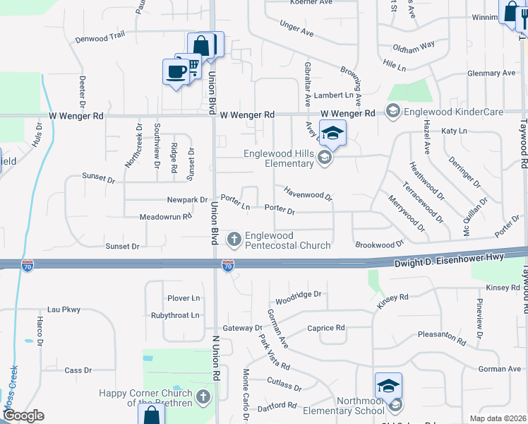 map of restaurants, bars, coffee shops, grocery stores, and more near 405 Porter Drive in Englewood
