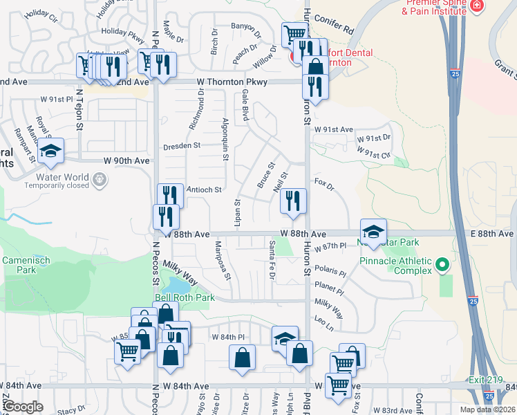 map of restaurants, bars, coffee shops, grocery stores, and more near 1045 Kent Avenue in Thornton