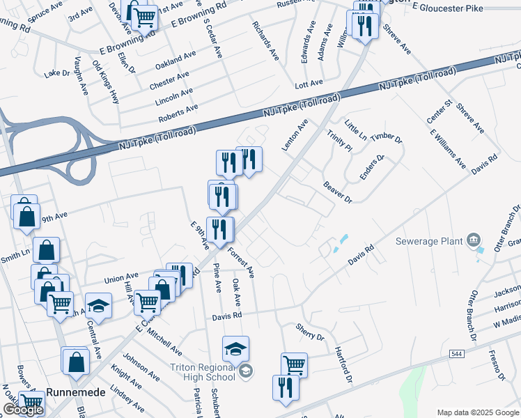 map of restaurants, bars, coffee shops, grocery stores, and more near 1303 Clements Bridge Road in Barrington
