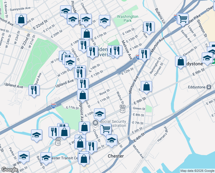 map of restaurants, bars, coffee shops, grocery stores, and more near 1155 Spruce Street in Chester
