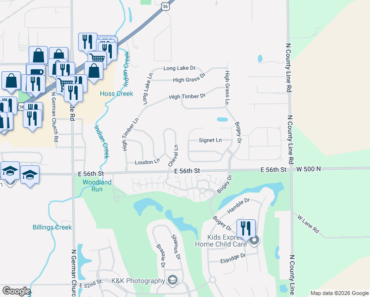 map of restaurants, bars, coffee shops, grocery stores, and more near 5679 Cheval Lane in Indianapolis