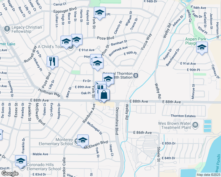 map of restaurants, bars, coffee shops, grocery stores, and more near 8980 York Street in Thornton