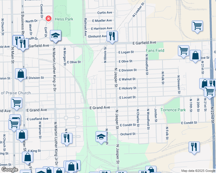 map of restaurants, bars, coffee shops, grocery stores, and more near 1501-1539 North Illinois Street in Decatur