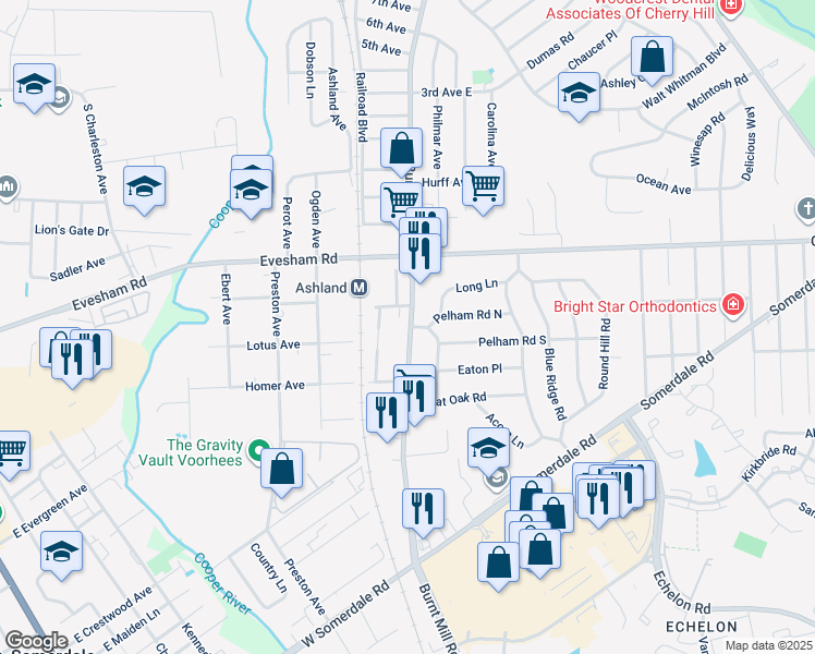 map of restaurants, bars, coffee shops, grocery stores, and more near 108 South Burnt Mill Road in Voorhees Township
