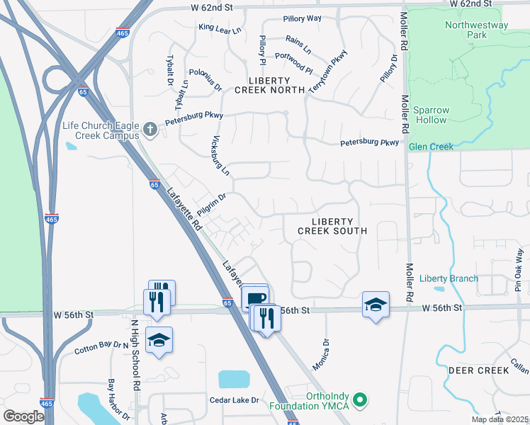 map of restaurants, bars, coffee shops, grocery stores, and more near 5722 Pilgrim Drive in Indianapolis