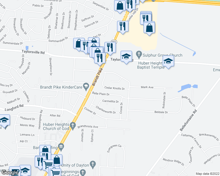 map of restaurants, bars, coffee shops, grocery stores, and more near 7401 Cedar Knolls Drive in Dayton