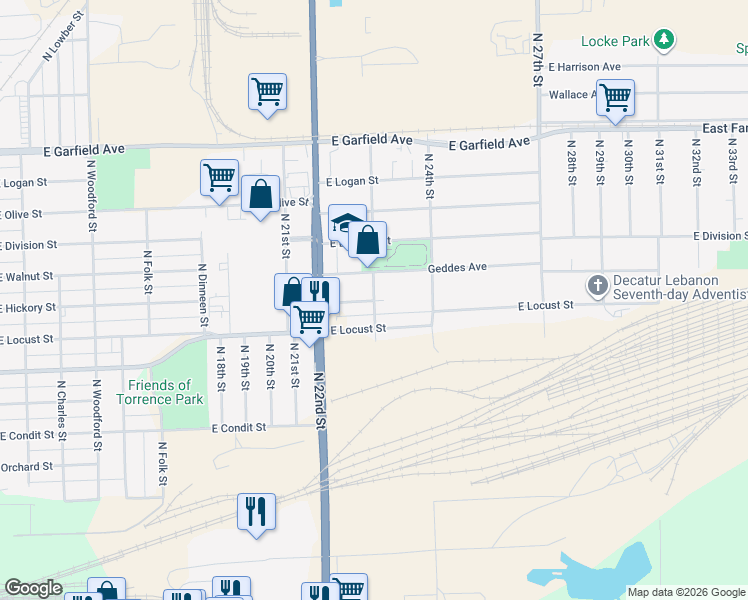 map of restaurants, bars, coffee shops, grocery stores, and more near 1501 North 23rd Street in Decatur