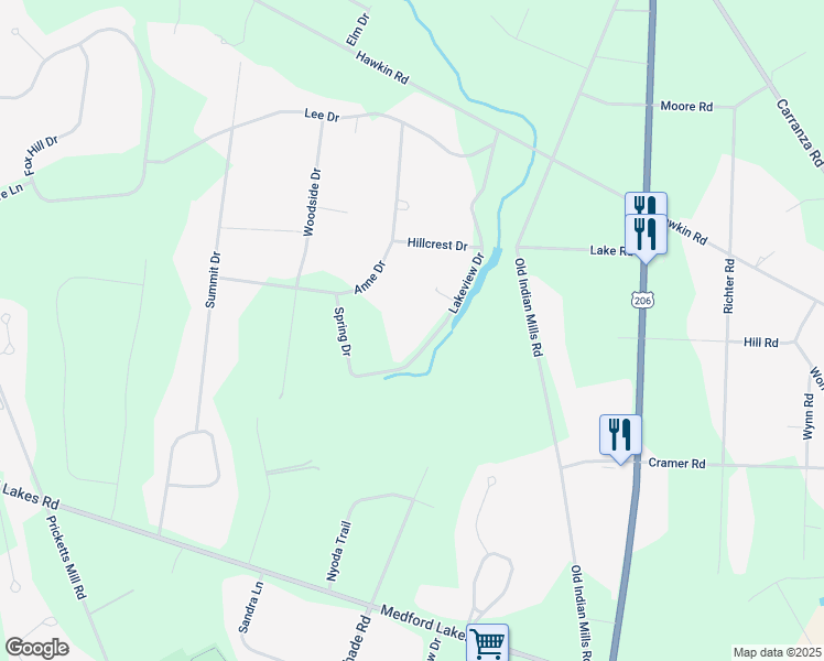 map of restaurants, bars, coffee shops, grocery stores, and more near 45 Lakeview Drive in Tabernacle