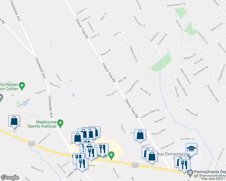 map of restaurants, bars, coffee shops, grocery stores, and more near 705 Carriage Circle in Aston