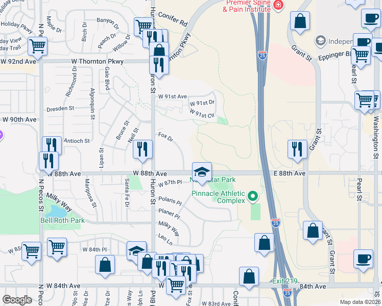 map of restaurants, bars, coffee shops, grocery stores, and more near 8920 Fox Drive in Denver