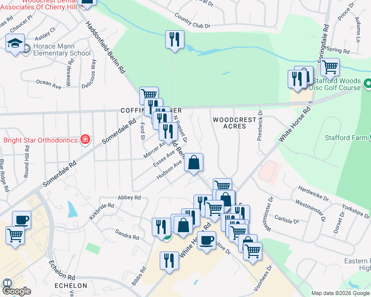 map of restaurants, bars, coffee shops, grocery stores, and more near 123 Haddonfield-Berlin Road in Voorhees Township