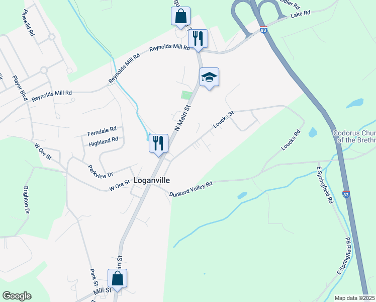 map of restaurants, bars, coffee shops, grocery stores, and more near 105 Loucks Street in York