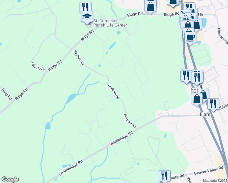 map of restaurants, bars, coffee shops, grocery stores, and more near 154 Heyburn Road in Chadds Ford