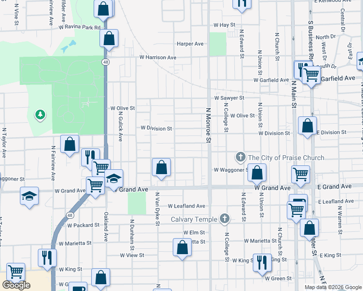 map of restaurants, bars, coffee shops, grocery stores, and more near 753 West Cushing Street in Decatur