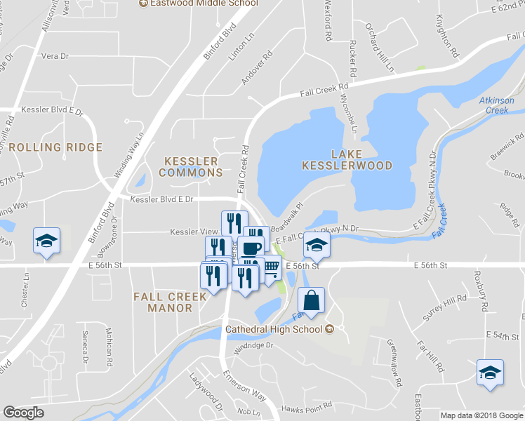 map of restaurants, bars, coffee shops, grocery stores, and more near 5020 Boardwalk Place in Indianapolis