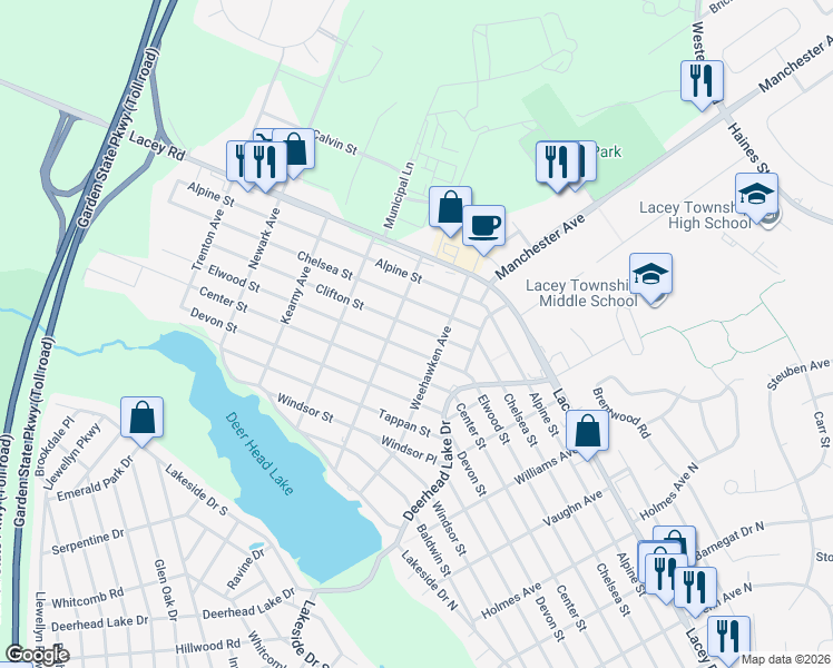 map of restaurants, bars, coffee shops, grocery stores, and more near 808 Clifton Street in Lacey Township