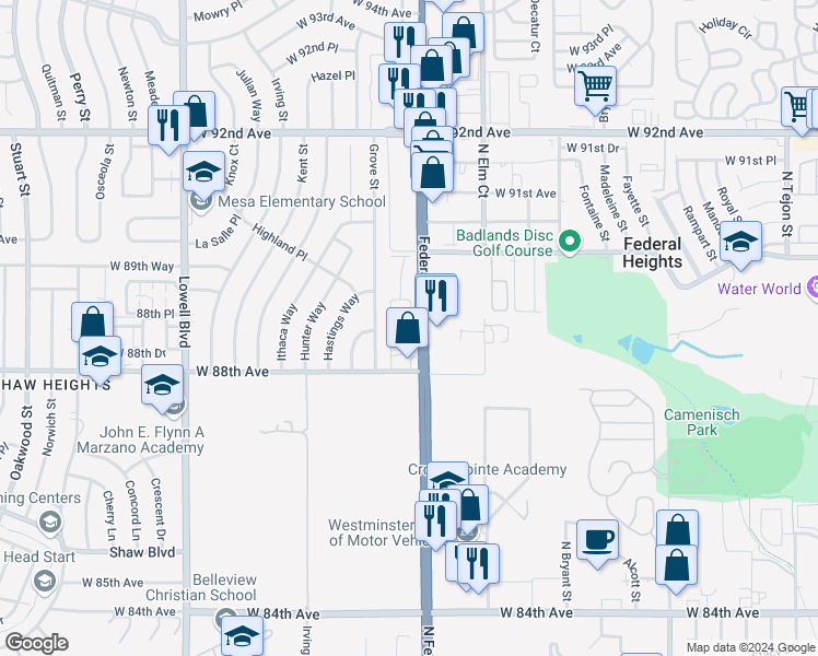 map of restaurants, bars, coffee shops, grocery stores, and more near 8895 Federal Boulevard in Westminster