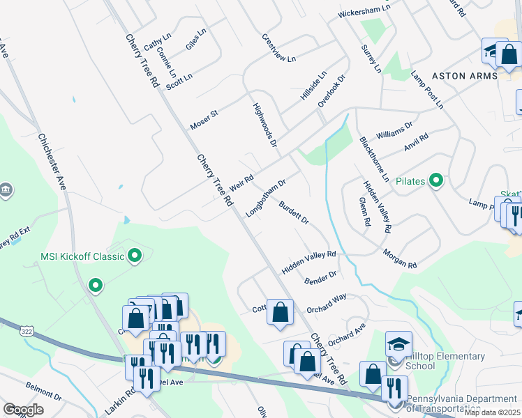 map of restaurants, bars, coffee shops, grocery stores, and more near 762 Burdett Drive in Aston