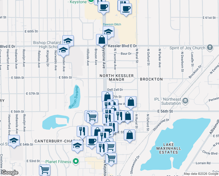 map of restaurants, bars, coffee shops, grocery stores, and more near 2437 East 58th Street in Indianapolis