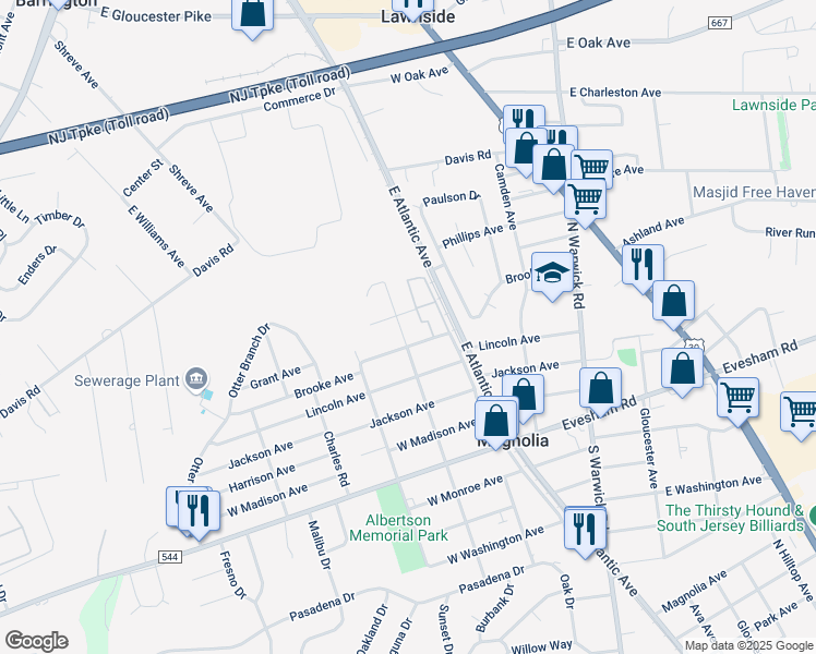 map of restaurants, bars, coffee shops, grocery stores, and more near 515 North Walnut Avenue in Magnolia