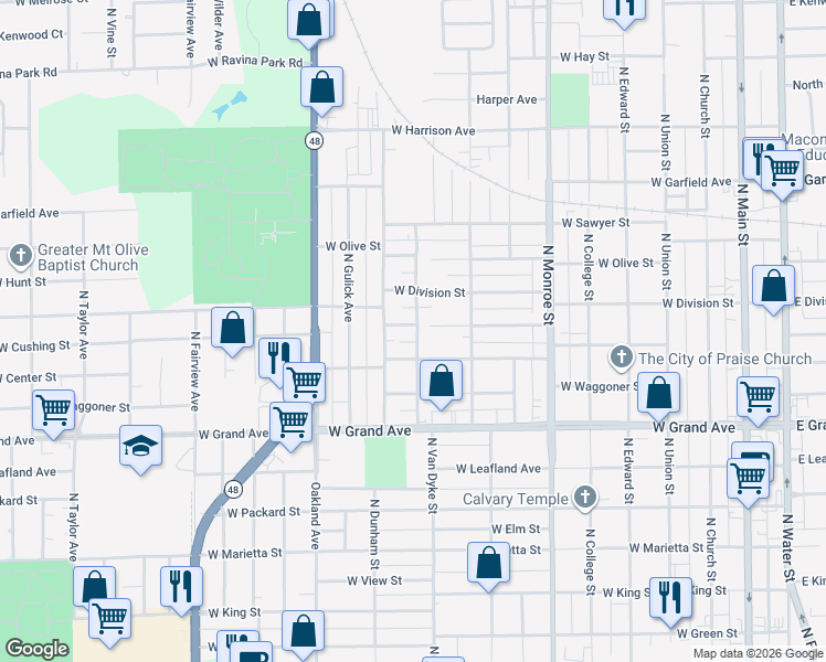 map of restaurants, bars, coffee shops, grocery stores, and more near 900-998 W Cushing St in Decatur