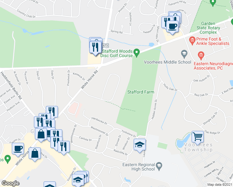 map of restaurants, bars, coffee shops, grocery stores, and more near 1407 White Horse Road in Voorhees Township