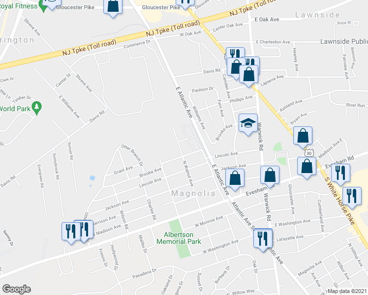 map of restaurants, bars, coffee shops, grocery stores, and more near 515 North Walnut Avenue in Magnolia