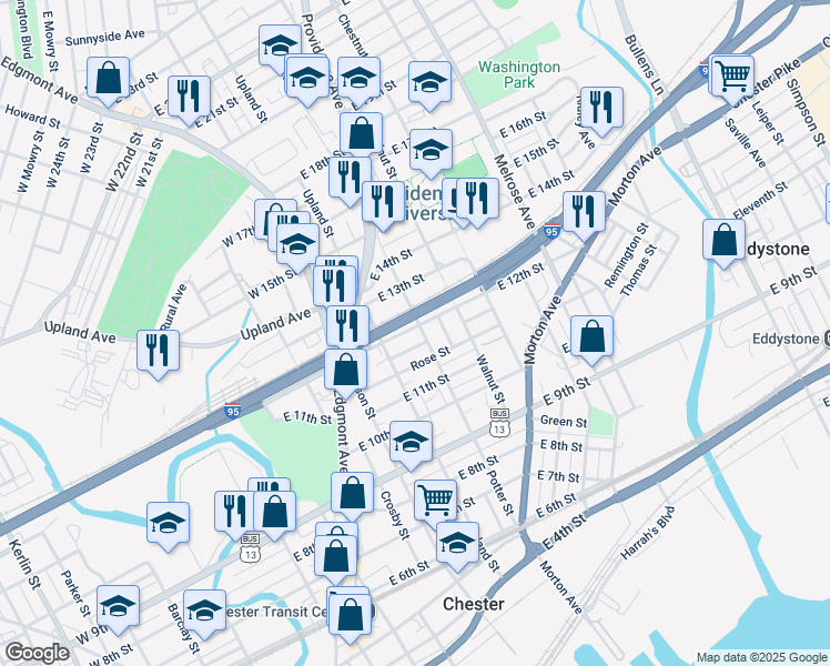 map of restaurants, bars, coffee shops, grocery stores, and more near 435 East 12th Street in Chester