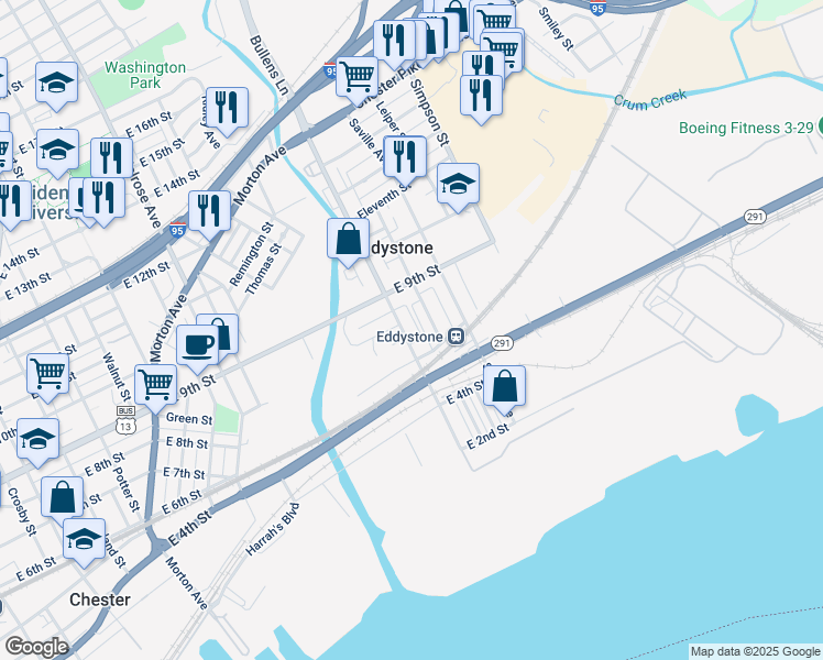 map of restaurants, bars, coffee shops, grocery stores, and more near 738 Ashland Avenue in Eddystone