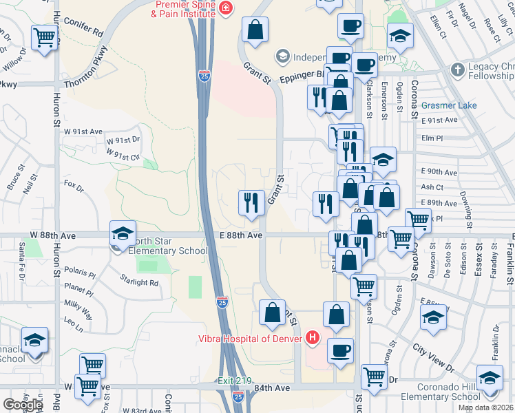 map of restaurants, bars, coffee shops, grocery stores, and more near 8901 Grant Street in Thornton