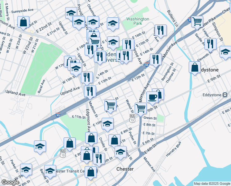 map of restaurants, bars, coffee shops, grocery stores, and more near 1142 Spruce Street in Chester
