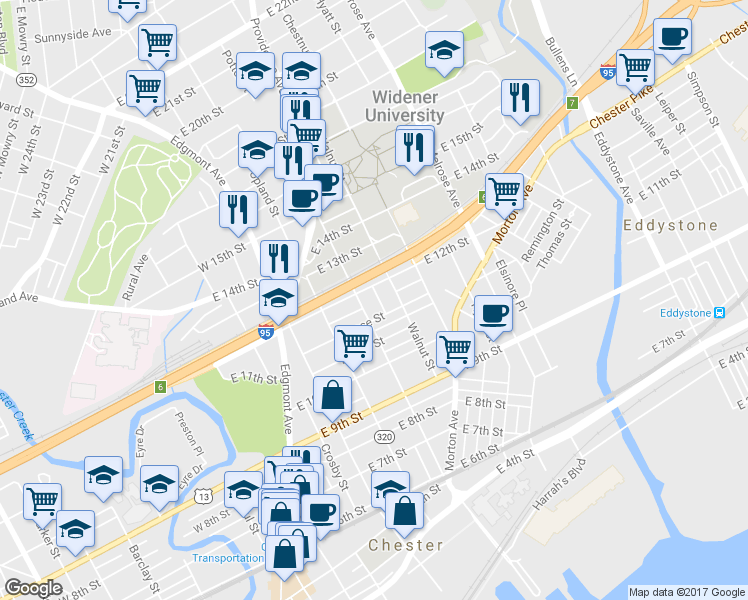 map of restaurants, bars, coffee shops, grocery stores, and more near 1142 Spruce Street in Chester