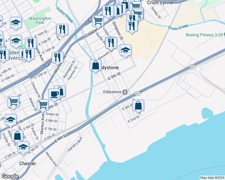 map of restaurants, bars, coffee shops, grocery stores, and more near 727 Eddystone Avenue in Crum Lynne