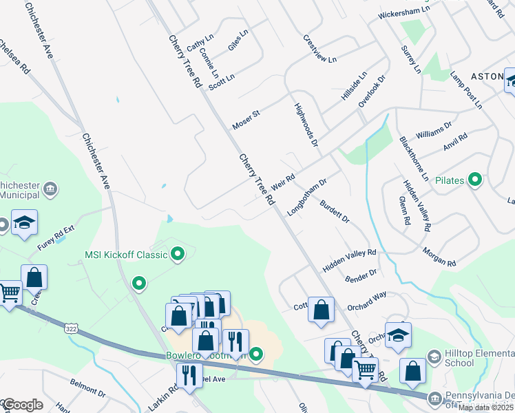 map of restaurants, bars, coffee shops, grocery stores, and more near 705 Carriage Circle in Aston