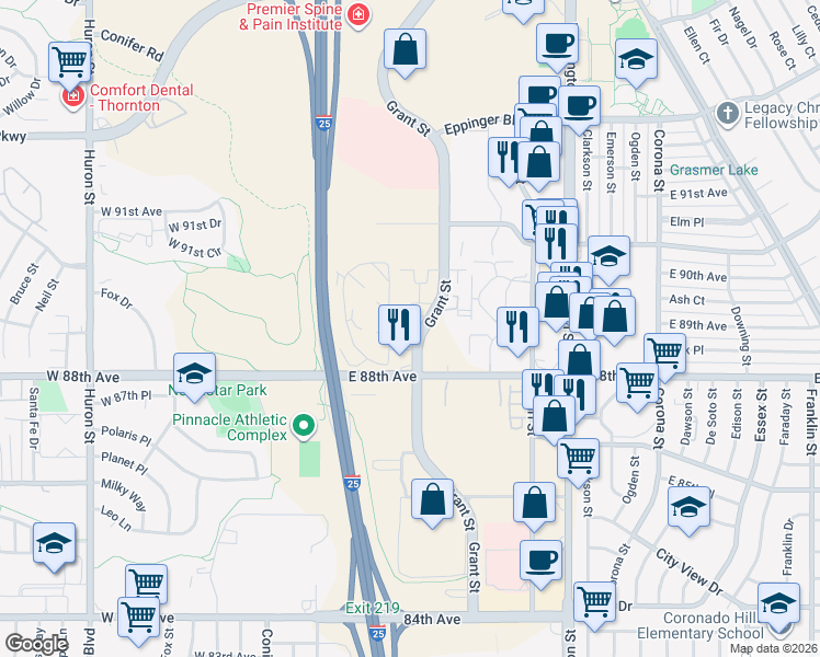 map of restaurants, bars, coffee shops, grocery stores, and more near 8901 Grant Street in Thornton