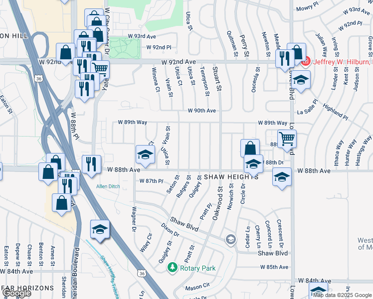 map of restaurants, bars, coffee shops, grocery stores, and more near 8881 Rutgers Street in Westminster